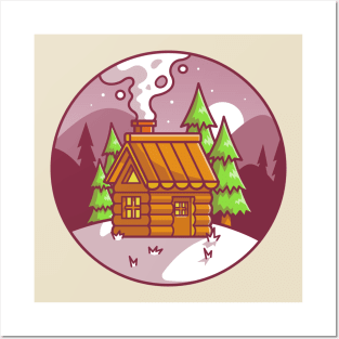 Snow Cabin in Winter Cartoon Posters and Art